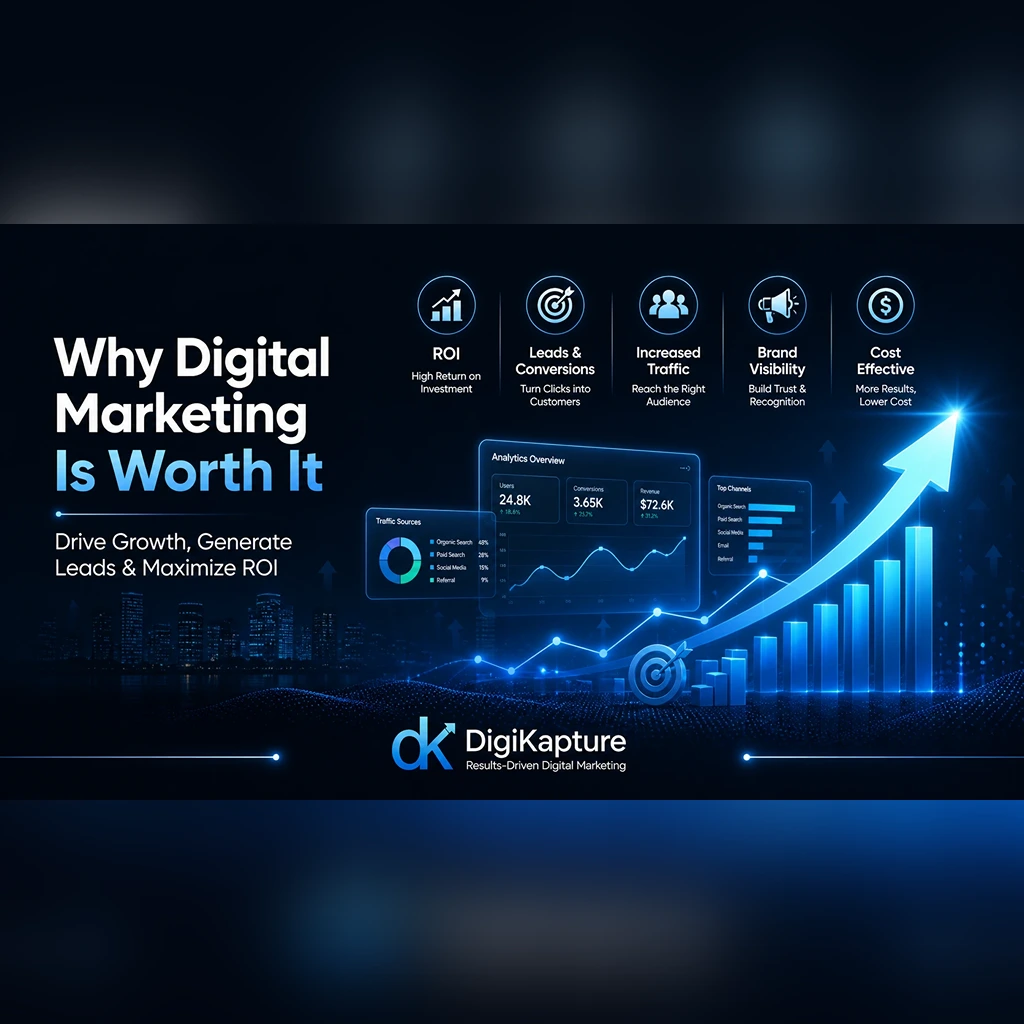 Digital marketing cost in USA 2026 value infographic showing ROI, growth, leads, traffic, and brand visibility with upward graph