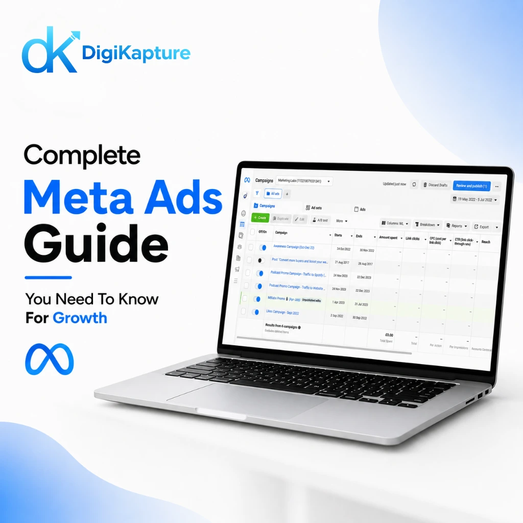 Complete Meta Ads Guide for Business Growth showing Meta Ads Manager dashboard on a laptop.