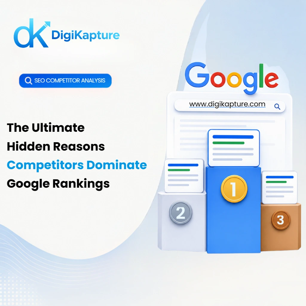 DigiKapture infographic on Google Rankings Competitors Secrets showing a Google search podium with first, second, and third place results