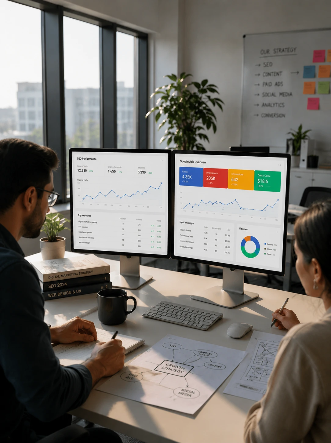 Digital marketing agency team reviewing SEO and Google Ads performance dashboards