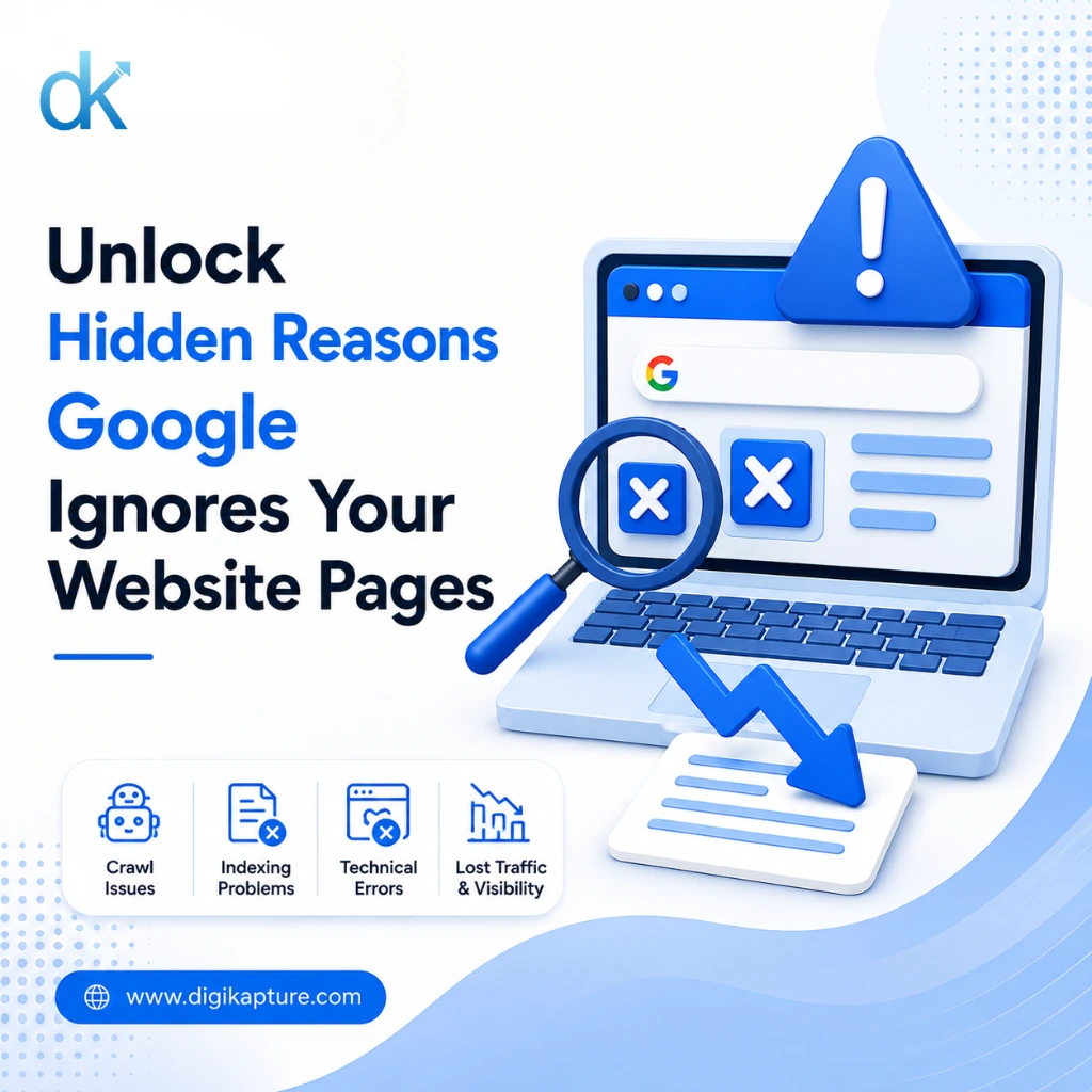 Google not indexing website pages due to crawl issues, indexing problems, and technical SEO errors illustrated on a DigiKapture blog graphic.